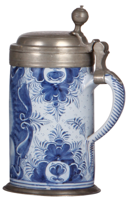 Faience stein, 9.1" ht., mid 1700s, Nürnberger Walzenkrug, marked S:, religious scene, pewter lid & footring, a couple of very tight lines on surface side. - 2