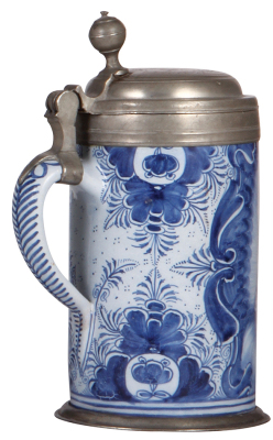 Faience stein, 9.1" ht., mid 1700s, Nürnberger Walzenkrug, marked S:, religious scene, pewter lid & footring, a couple of very tight lines on surface side. - 3