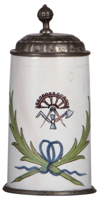 Faience stein, 9.4'' ht., c.1800, Schrezheimer Walzenkrug, occupation, pewter lid & footring, excellent repair of hairlines, very good repair of pewter tear at rear of lid.