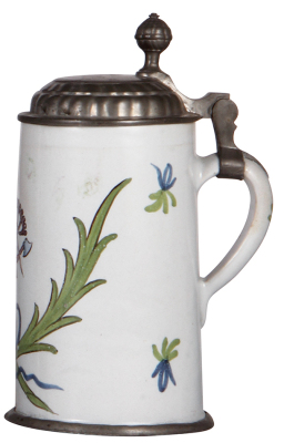 Faience stein, 9.4'' ht., c.1800, Schrezheimer Walzenkrug, occupation, pewter lid & footring, excellent repair of hairlines, very good repair of pewter tear at rear of lid. - 2