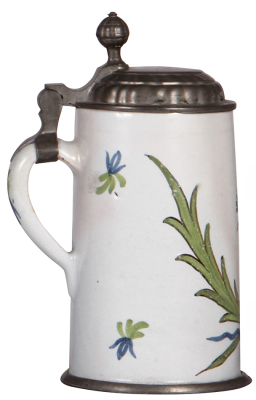 Faience stein, 9.4'' ht., c.1800, Schrezheimer Walzenkrug, occupation, pewter lid & footring, excellent repair of hairlines, very good repair of pewter tear at rear of lid. - 3