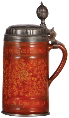 Stoneware stein, 12.0'' ht., early 1700s, Wetterau Walzenkrug, verse dated 1719, pewter lid & footring, touchmarks, pewter tear & strap repaired, glaze flakes repaired. - 2