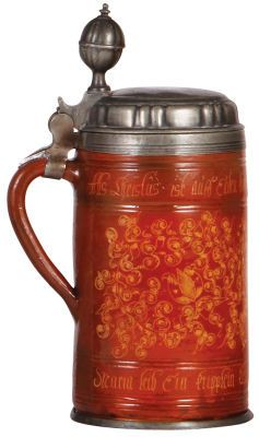 Stoneware stein, 12.0'' ht., early 1700s, Wetterau Walzenkrug, verse dated 1719, pewter lid & footring, touchmarks, pewter tear & strap repaired, glaze flakes repaired. - 4
