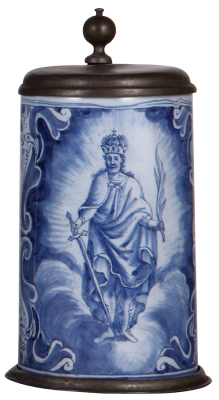 Faience stein, 8.5" ht., mid 1700s, Nürnberger Walzenkrug, marked Kordenbusch, pewter lid & footring, tear at rear of lid, still strong, wobbly hinge, body very good condition.