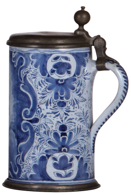 Faience stein, 8.5" ht., mid 1700s, Nürnberger Walzenkrug, marked Kordenbusch, pewter lid & footring, tear at rear of lid, still strong, wobbly hinge, body very good condition. - 2