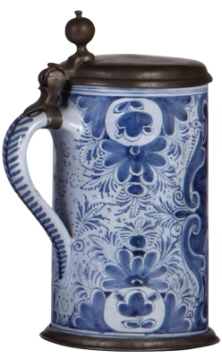 Faience stein, 8.5" ht., mid 1700s, Nürnberger Walzenkrug, marked Kordenbusch, pewter lid & footring, tear at rear of lid, still strong, wobbly hinge, body very good condition. - 3