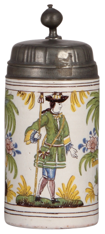 Faience stein, 8.5'' ht., mid 1800s, Potsdamer Walzenkrug, marked P/R pewter lid, hinge repaired, body very good condition.