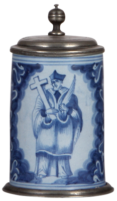 Faience stein, 6.5'' ht., mid 1700s, Nürnberger Walzenkrug, religious scene, pewter lid & footring, repaired pewter strap, minor wear on handle.