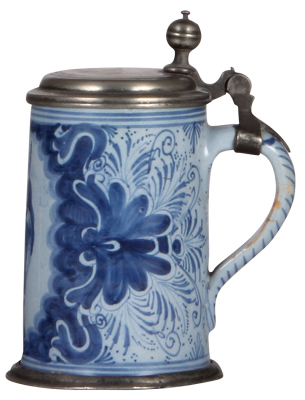 Faience stein, 6.5'' ht., mid 1700s, Nürnberger Walzenkrug, religious scene, pewter lid & footring, repaired pewter strap, minor wear on handle. - 2