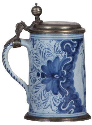 Faience stein, 6.5'' ht., mid 1700s, Nürnberger Walzenkrug, religious scene, pewter lid & footring, repaired pewter strap, minor wear on handle. - 3