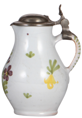 Faience stein, 6.3" ht., early 1800s, Schrezheimer Birnkrug, pewter lid, small chips on upper rim are covered by the lid. - 2