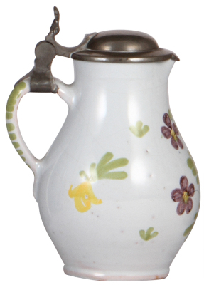 Faience stein, 6.3" ht., early 1800s, Schrezheimer Birnkrug, pewter lid, small chips on upper rim are covered by the lid. - 3