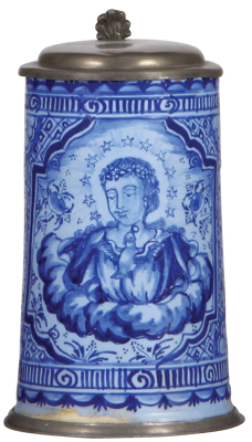 Faience stein, 7.2" ht., late 1700s, Salzburger Walzenkrug, woman with a bird, pewter lid & footring, small glaze flake on top rim, glaze chips on lower rim partially visible above pewter ring.
