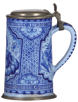 Faience stein, 7.2" ht., late 1700s, Salzburger Walzenkrug, woman with a bird, pewter lid & footring, small glaze flake on top rim, glaze chips on lower rim partially visible above pewter ring. - 2