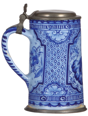 Faience stein, 7.2" ht., late 1700s, Salzburger Walzenkrug, woman with a bird, pewter lid & footring, small glaze flake on top rim, glaze chips on lower rim partially visible above pewter ring. - 3