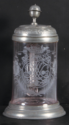 Glass stein, 1.0L, blown, wheel engraved, late 1700s, pewter lid, footring & vertical handle strap, mint. 