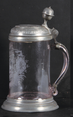 Glass stein, 1.0L, blown, wheel engraved, late 1700s, pewter lid, footring & vertical handle strap, mint.  - 2