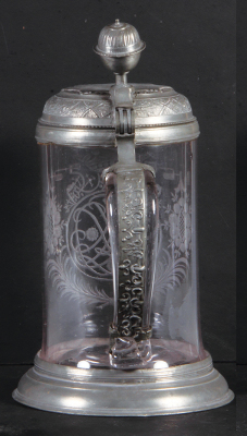 Glass stein, 1.0L, blown, wheel engraved, late 1700s, pewter lid, footring & vertical handle strap, mint.  - 3