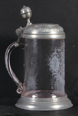 Glass stein, 1.0L, blown, wheel engraved, late 1700s, pewter lid, footring & vertical handle strap, mint.  - 4