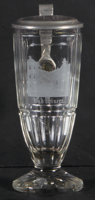 Glass stein, .5L, blown, footed, faceted, wheel-engraved: Bad Reinerz, matching glass inlaid lid is dated 1875, mint. 