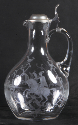 Glass pitcher, 1.0L, 10.0" ht., blown, wheel-engraved, c.1850, falconer, pewter lid, mint.