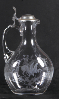 Glass pitcher, 1.0L, 10.0" ht., blown, wheel-engraved, c.1850, falconer, pewter lid, mint. - 2