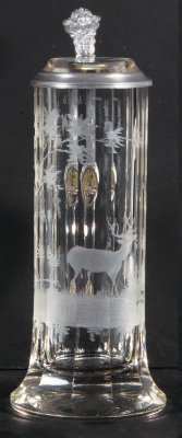 Glass stein, .5L, blown, faceted, wheel-engraved, stag, matching glass inlaid lid, mint.