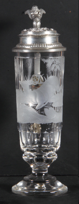 Glass stein, .75L, blown, cut, pedestal base, wheel-engraved, stag, relief pewter lid, mint.