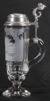 Glass stein, .75L, blown, cut, pedestal base, wheel-engraved, stag, relief pewter lid, mint. - 2