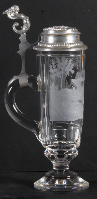 Glass stein, .75L, blown, cut, pedestal base, wheel-engraved, stag, relief pewter lid, mint. - 3