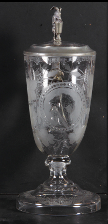 Glass stein, 1.5L, 12.5'' ht., blown, clear, cornucopia, wheel-engraved, matching glass inlaid lid, mint.