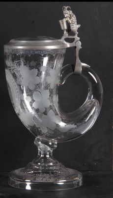 Glass stein, 1.5L, 12.5'' ht., blown, clear, cornucopia, wheel-engraved, matching glass inlaid lid, mint. - 2