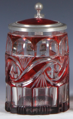 Glass stein, .5L, blown, clear, red on clear overlay, elaborate cut design, mid 1800s, glass inlaid lid, small chip.