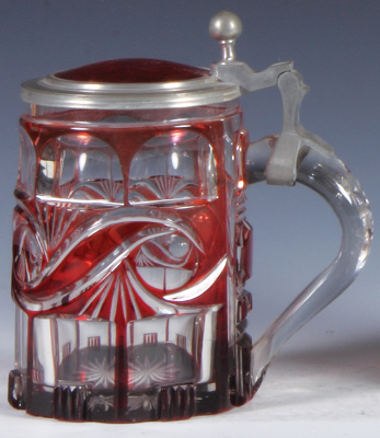 Glass stein, .5L, blown, clear, red on clear overlay, elaborate cut design, mid 1800s, glass inlaid lid, small chip. - 2