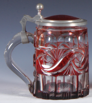 Glass stein, .5L, blown, clear, red on clear overlay, elaborate cut design, mid 1800s, glass inlaid lid, small chip. - 3