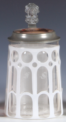 Glass stein, .5L, blown, white on clear overlay, cut, porcelain inlaid lid, mint.