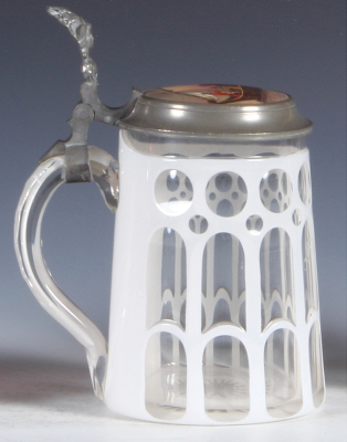 Glass stein, .5L, blown, white on clear overlay, cut, porcelain inlaid lid, mint. - 3