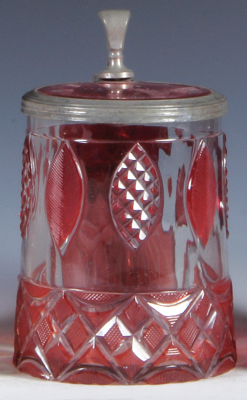 Glass stein, .5L, blown, ruby flashed, cut, matching glass inlaid lid, mint.