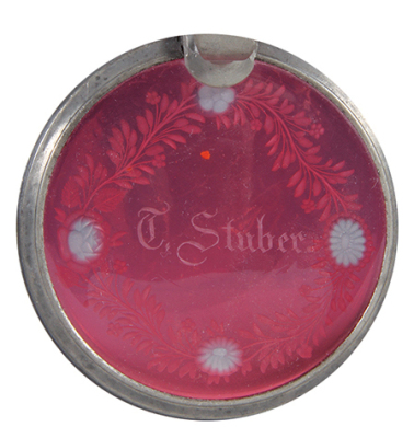 Glass stein, .5L, blown, ruby flashed, cut, matching glass inlaid lid, mint. - 4