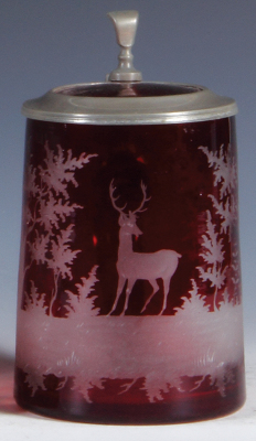 Glass stein, .5L, blown, clear, mid 1800s, red flashed, wheel-engraved, stag in forest, matching glass inlaid lid, mint.