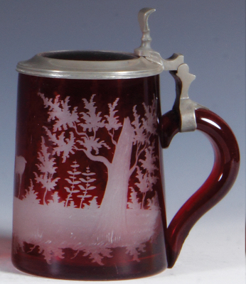 Glass stein, .5L, blown, clear, mid 1800s, red flashed, wheel-engraved, stag in forest, matching glass inlaid lid, mint. - 2