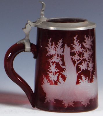 Glass stein, .5L, blown, clear, mid 1800s, red flashed, wheel-engraved, stag in forest, matching glass inlaid lid, mint. - 3