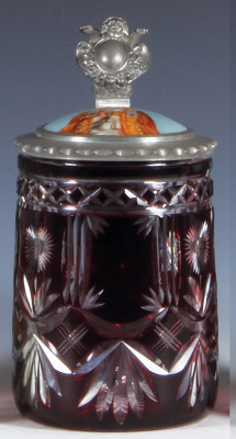 Glass stein, .5L, blown, red on clear overlay, 1900s, hand-painted porcelain inlaid lid: Leo XIII, pewter strap repaired, body mint.