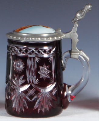 Glass stein, .5L, blown, red on clear overlay, 1900s, hand-painted porcelain inlaid lid: Leo XIII, pewter strap repaired, body mint. - 2