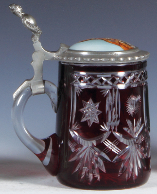 Glass stein, .5L, blown, red on clear overlay, 1900s, hand-painted porcelain inlaid lid: Leo XIII, pewter strap repaired, body mint. - 3