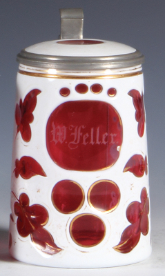 Glass stein, .5L, blown, white on clear on cranberry, gilding, matching glass inlaid lid, gold wear, glass mint.