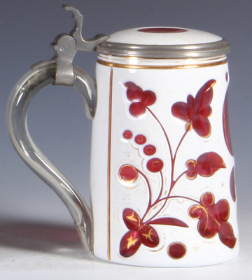 Glass stein, .5L, blown, white on clear on cranberry, gilding, matching glass inlaid lid, gold wear, glass mint. - 3