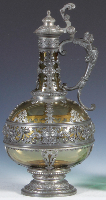 Glass ewer, 12.5" ht., blown, amber, elaborate pewter overlay, pewter lid, mint.
