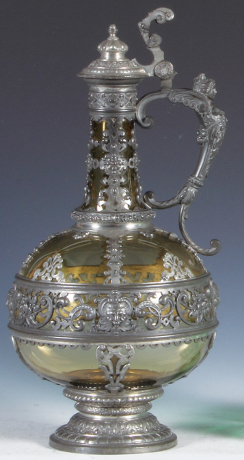 Glass ewer, 12.5" ht., blown, amber, elaborate pewter overlay, pewter lid, mint.