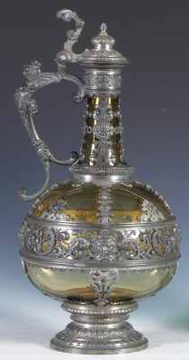 Glass ewer, 12.5" ht., blown, amber, elaborate pewter overlay, pewter lid, mint. - 3